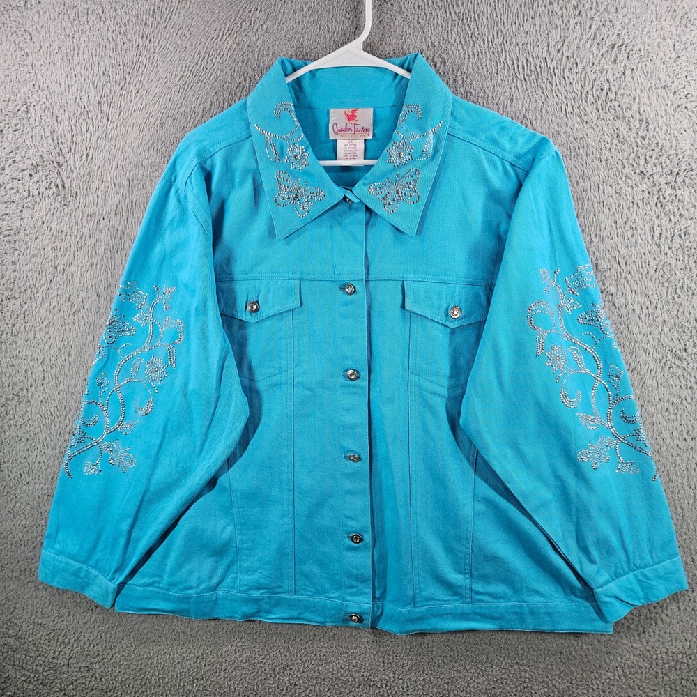 Quacker Factory Turquoise Blue Rhinestone Embellished Denim Jacket Womens 2X
